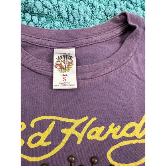 VINTAGE Y2K ED HARDY STUDDED PURPLE TEE S - Picture 4 of 6